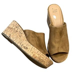 A New Day Light Brown Cork Wedge Mules Suede Style Upper Cork Wedge Size 9